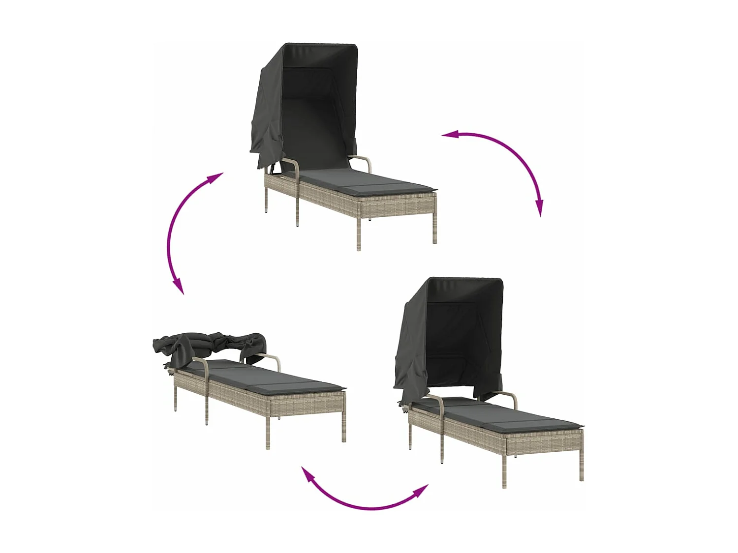 Sillón con dosel de resina tejida gris claro.