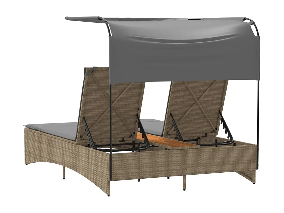 Sillón doble y toldo y cojines mixtos de ratán beige.