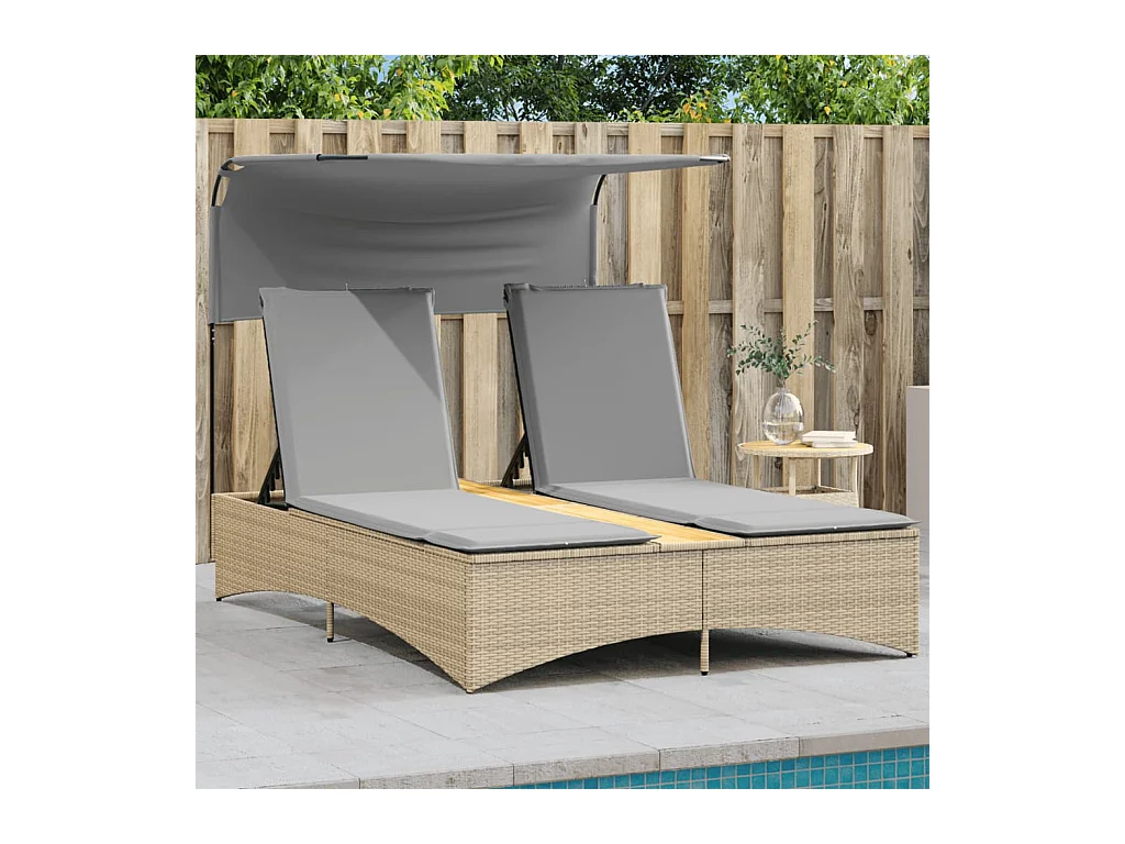 Chaise longue double et auvent et coussins mélange beige rotin