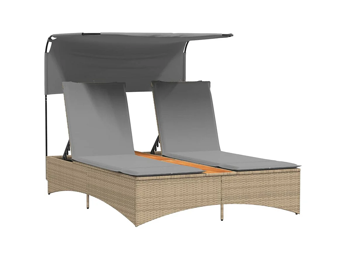 Chaise longue double et auvent et coussins mélange beige rotin