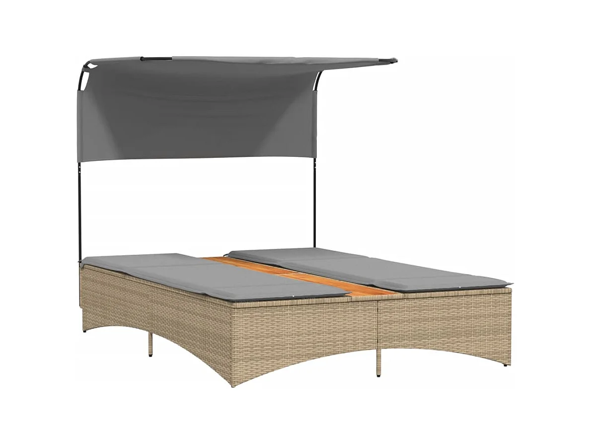 Chaise longue double et auvent et coussins mélange beige rotin