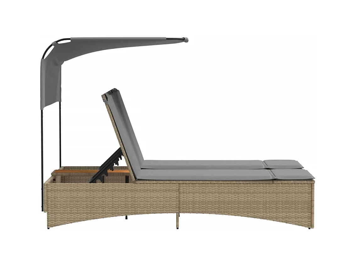 Chaise longue double et auvent et coussins mélange beige rotin