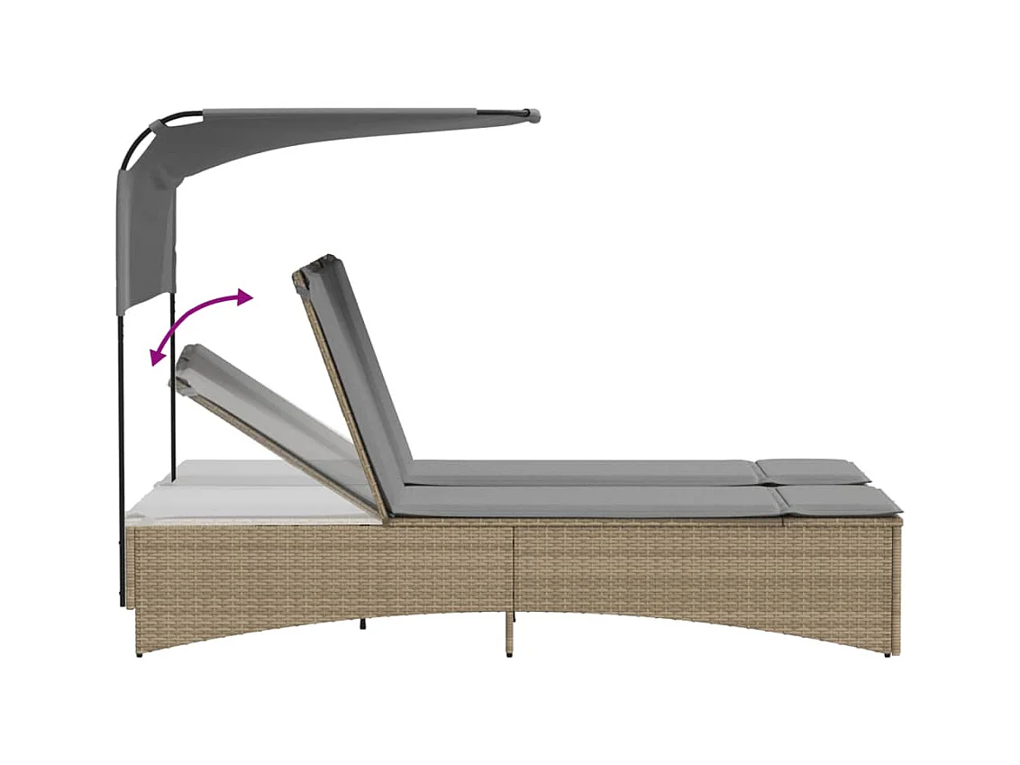 Chaise longue double et auvent et coussins mélange beige rotin