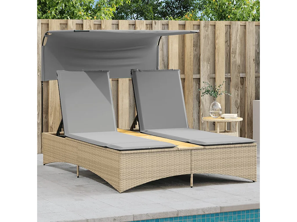 Chaise longue double et auvent et coussins mélange beige rotin