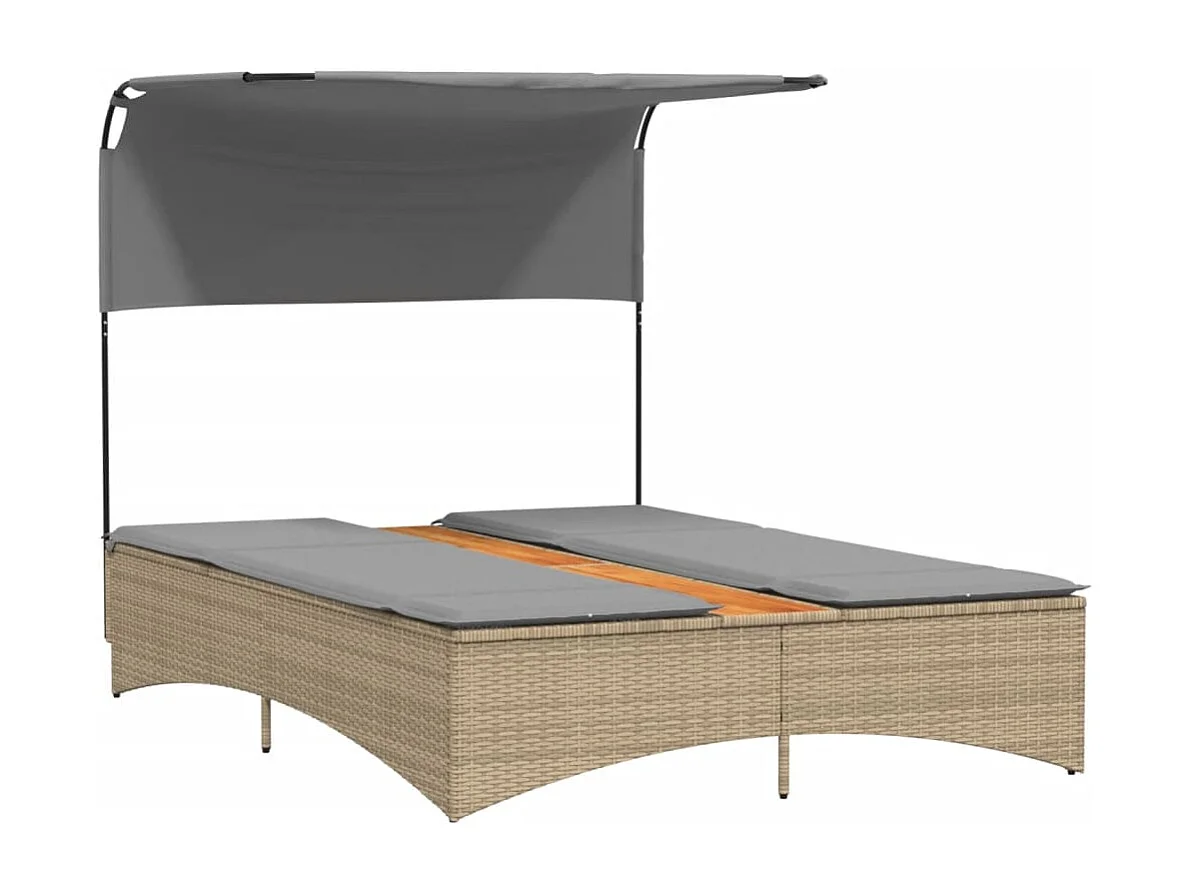 Chaise longue double et auvent et coussins mélange beige rotin