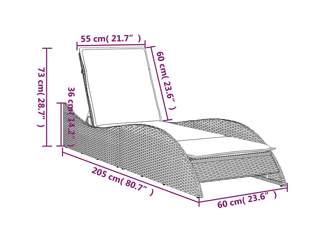 Chaise longue avec coussin gris 60x205x73 cm résine tressée