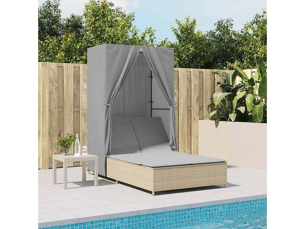 Chaise longue double avec toit et rideaux beige résine tressée