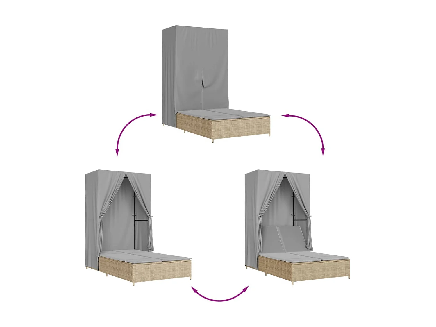 Sillón doble con techo y cortinas de resina tejida en color beige.