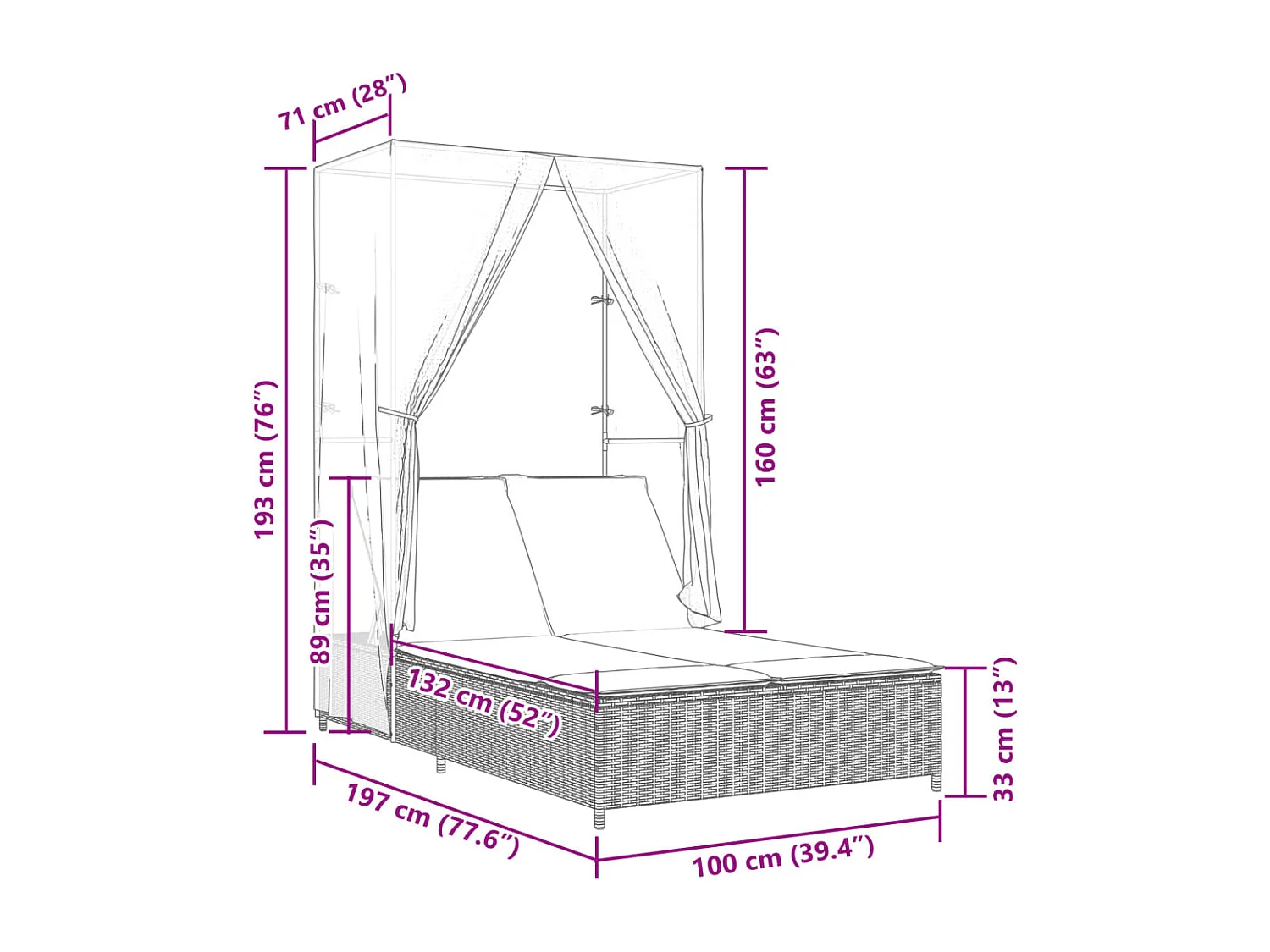 Sillón doble con techo y cortinas de resina tejida en color beige.