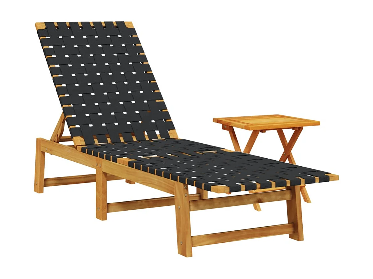 Chaises longues avec table noir bois d'acacia solide et tissu