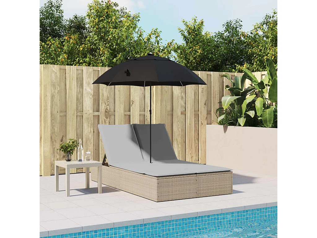 Espreguiçadeira dupla com almofadas e guarda-sol em vime PE bege