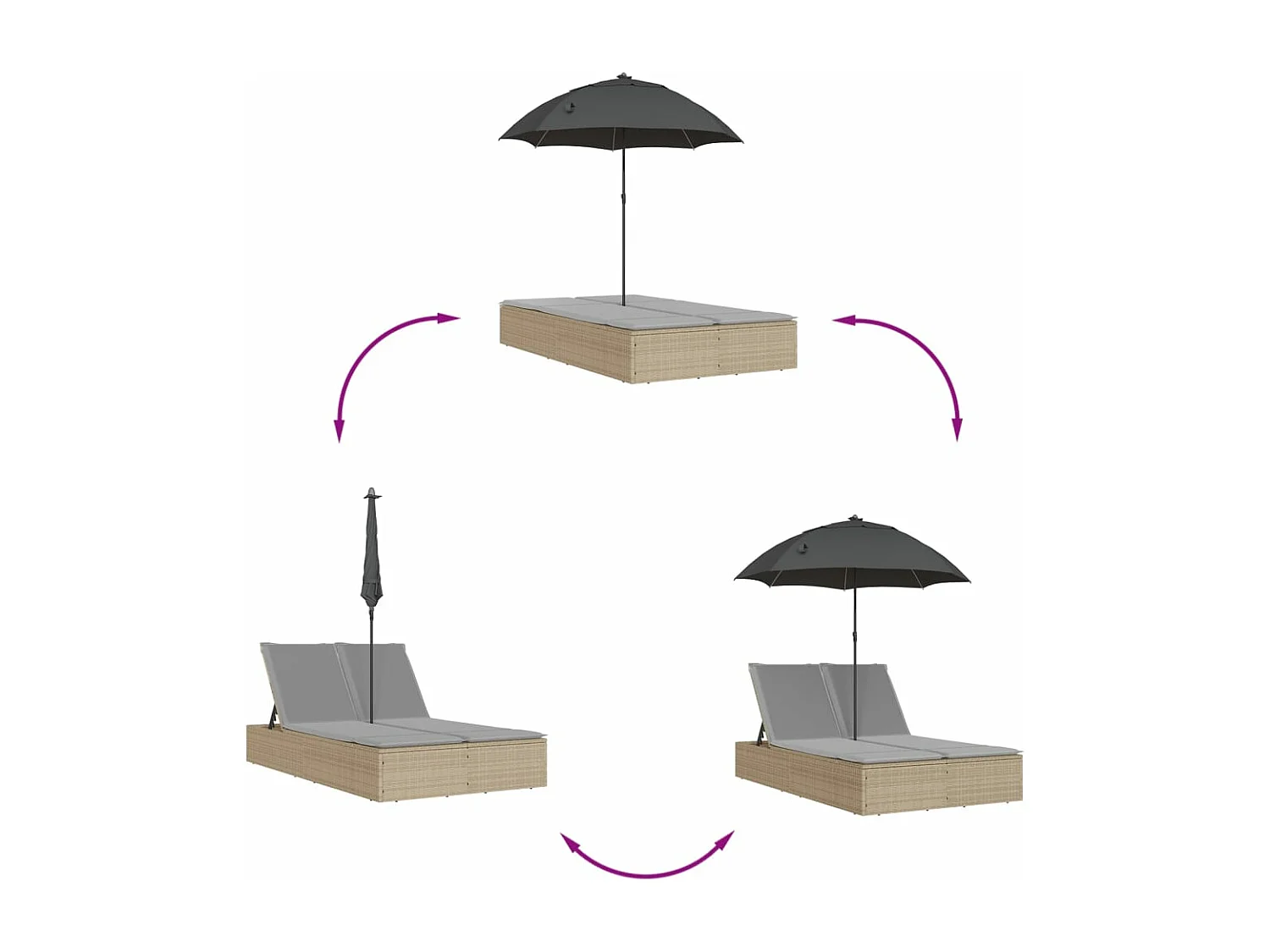 Espreguiçadeira dupla com almofadas e guarda-sol em vime PE bege