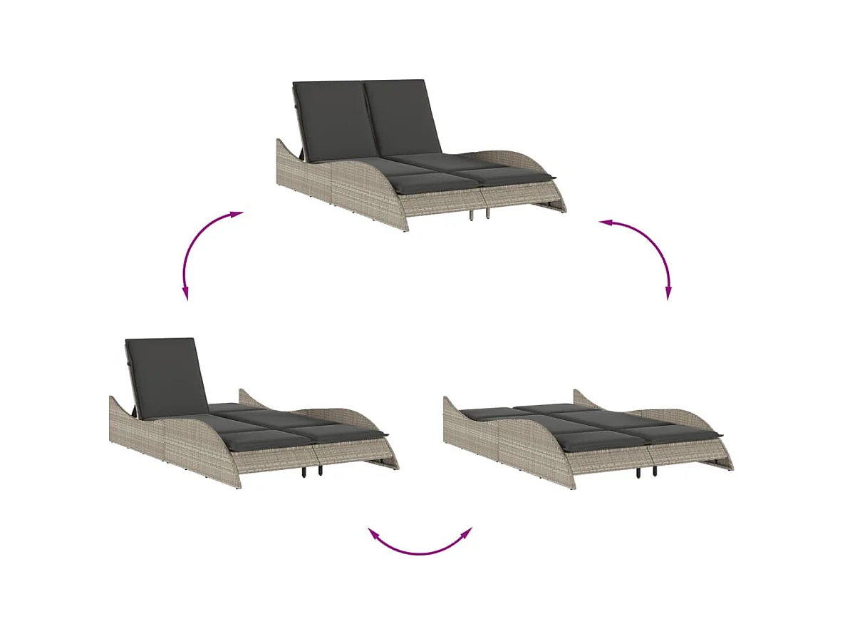 Chaise longue avec coussins gris clair 114x205x73 cm poly rotin