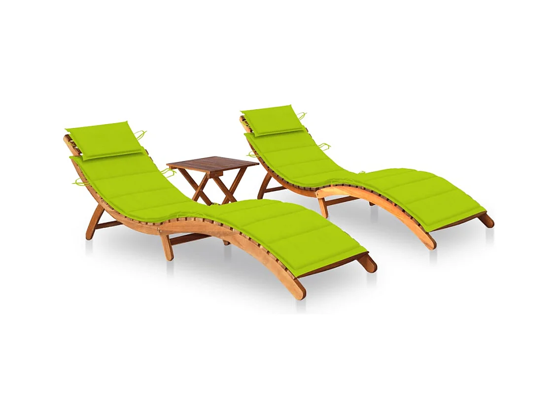 Chaises longues lot de 2 avec table et coussins Acacia solide