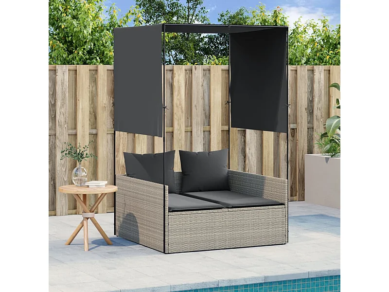 Chaise longue double avec toit et rideaux gris clair poly rotin