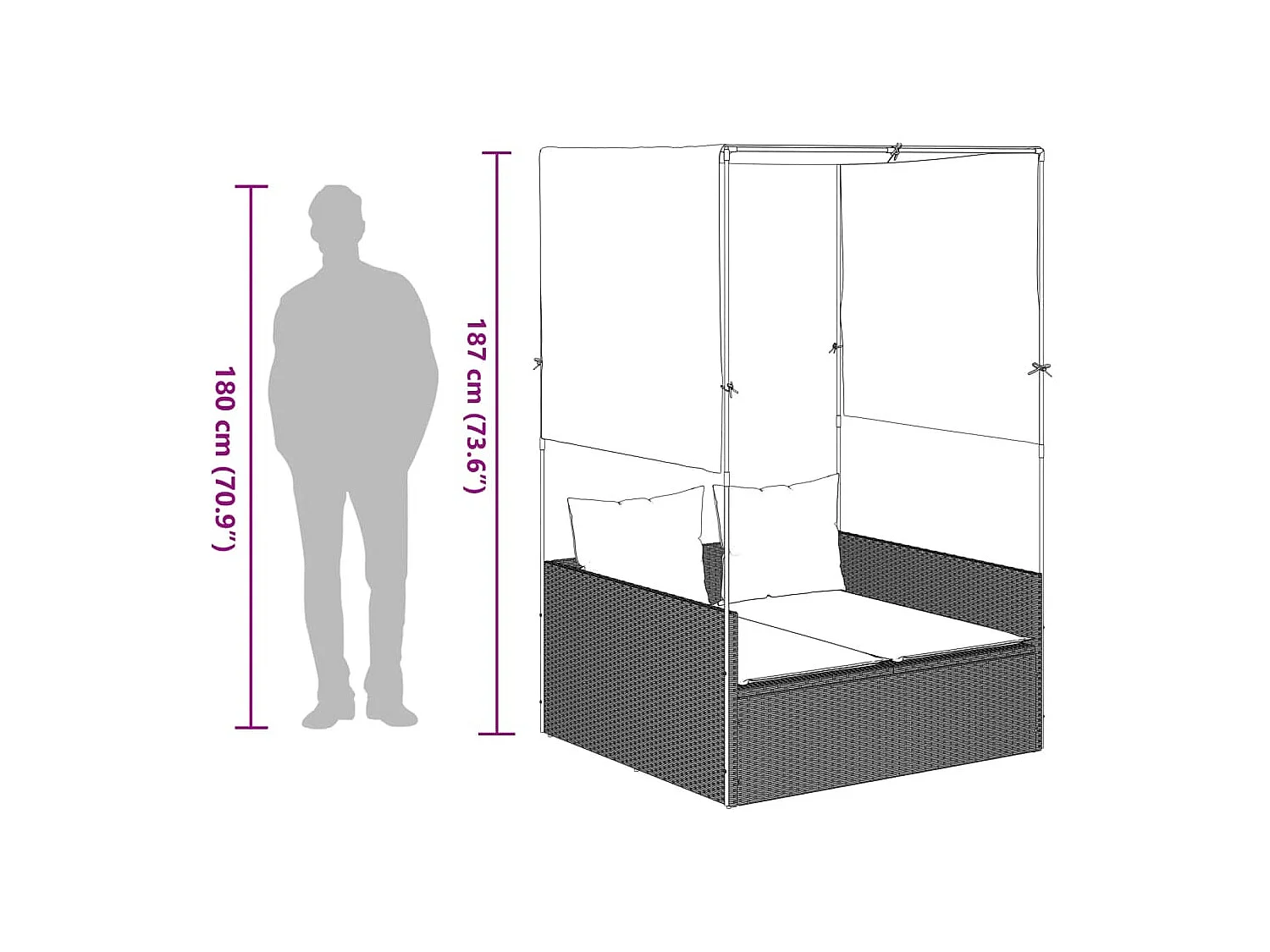 Chaise longue double avec toit et rideaux gris clair poly rotin