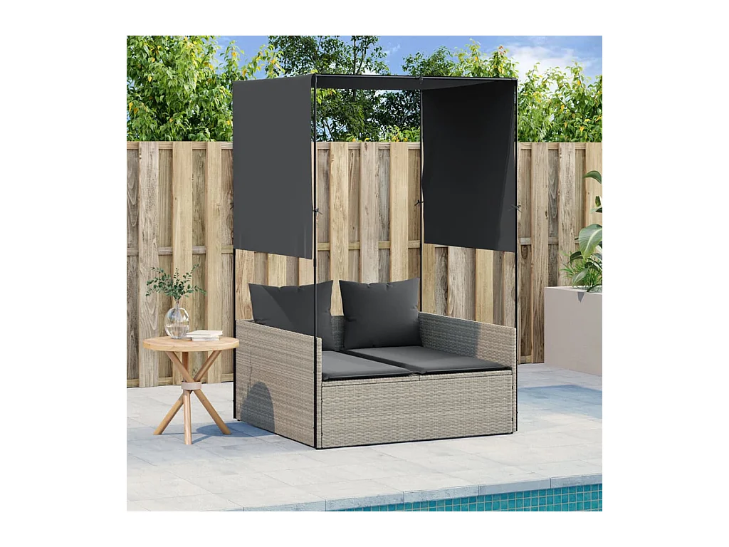 Chaise longue double avec toit et rideaux gris clair poly rotin