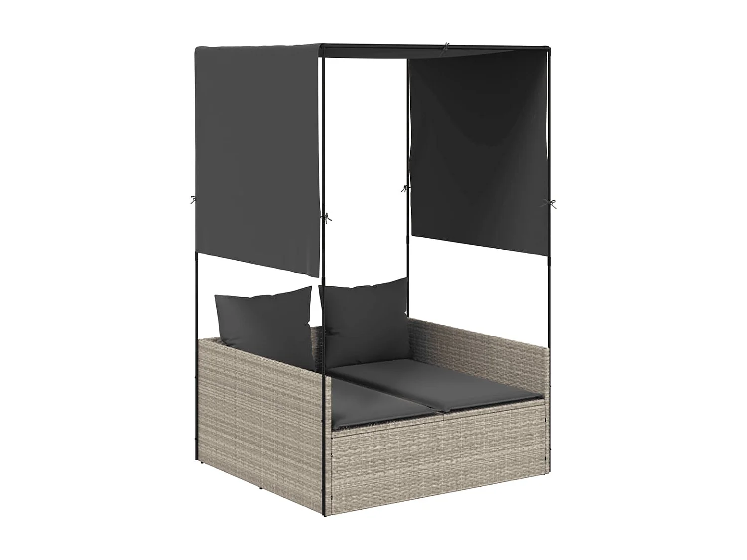 Chaise longue double avec toit et rideaux gris clair poly rotin