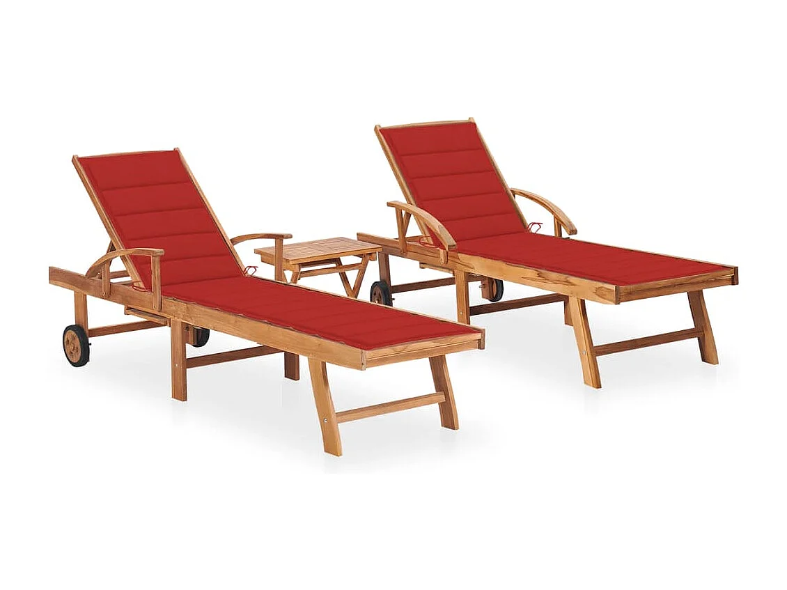 Set di 2 sedie a sdraio con tavolo e cuscino. Legno massello di teak