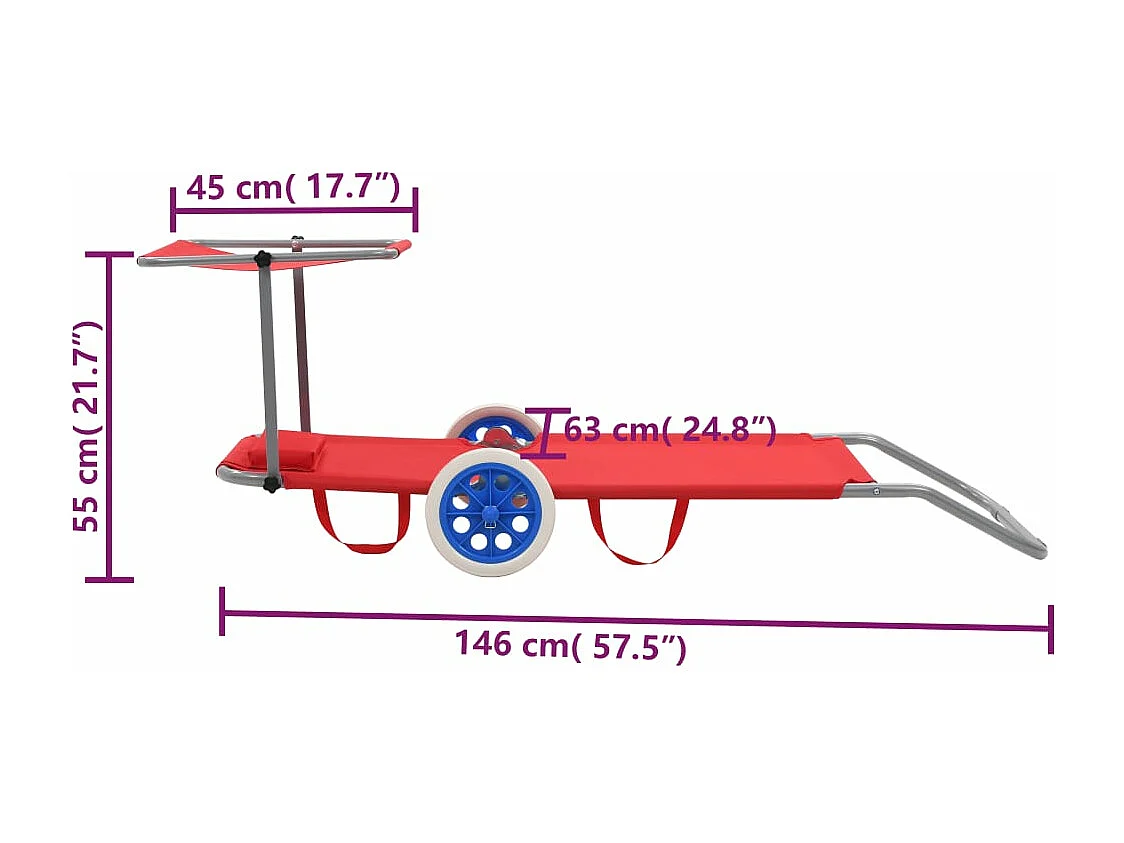 Espreguiçadeira dobrável com dossel e rodas Steel Red