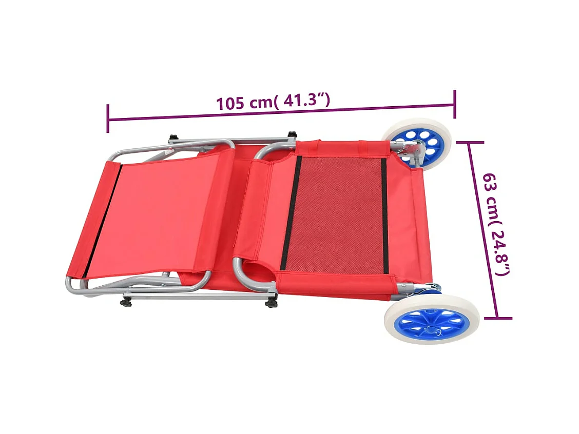 Chaise longue pliable avec auvent et roues Acier Rouge