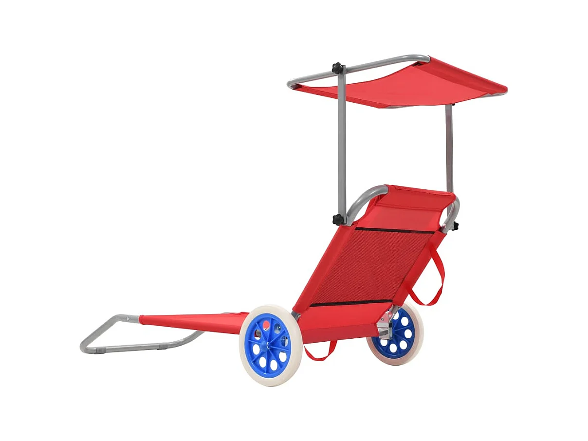 Chaise longue pliable avec auvent et roues Acier Rouge