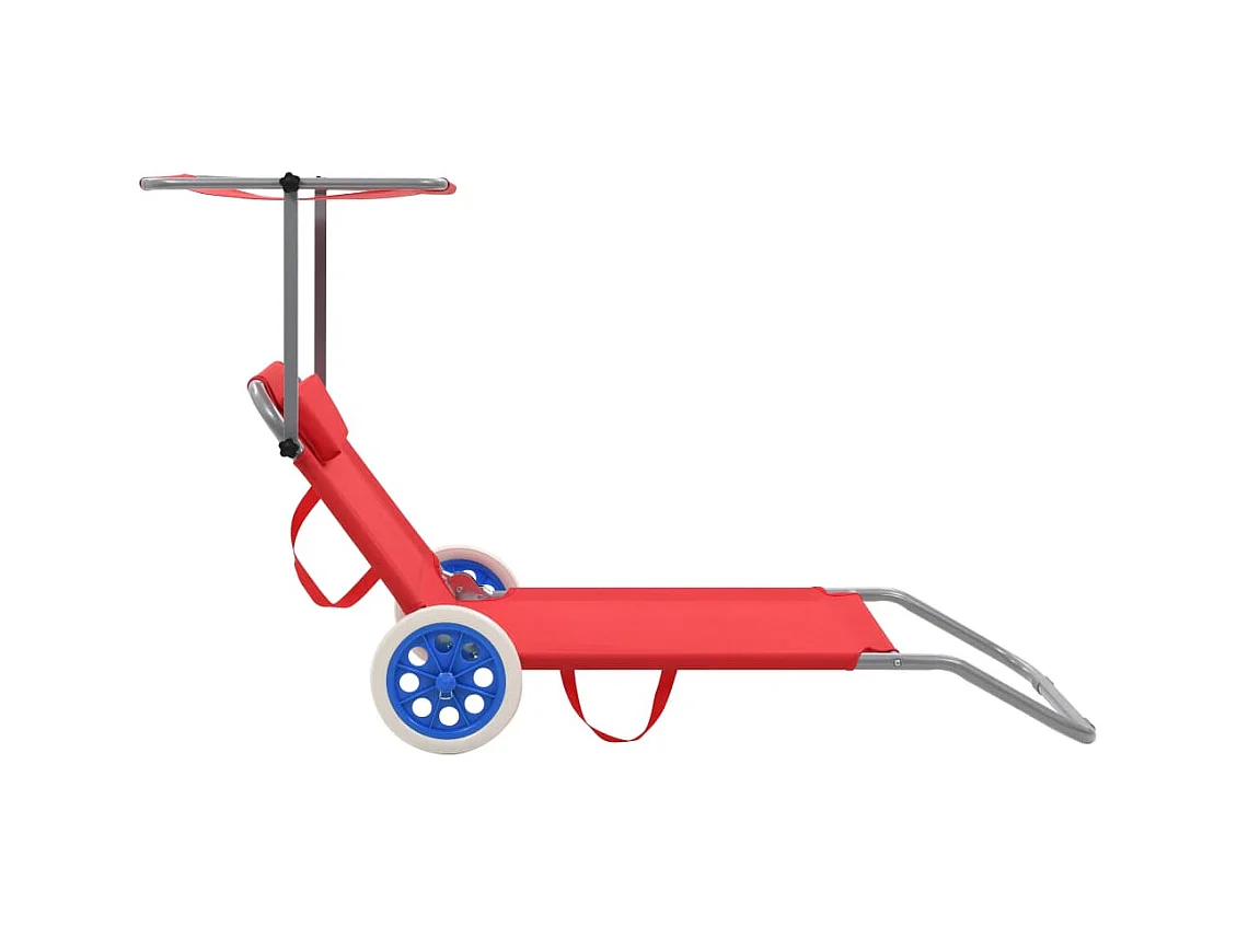Chaise longue pliable avec auvent et roues Acier Rouge