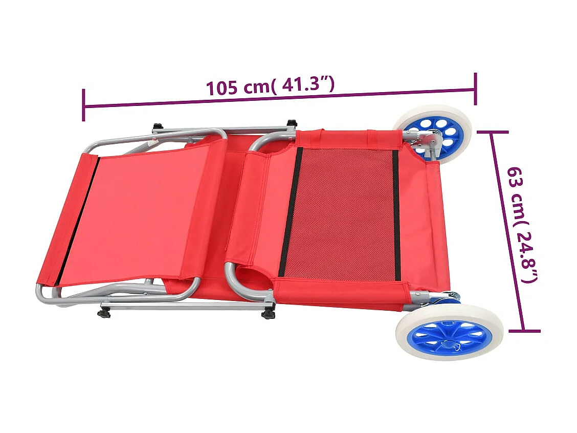Chaise longue pliable avec auvent et roues Acier Rouge
