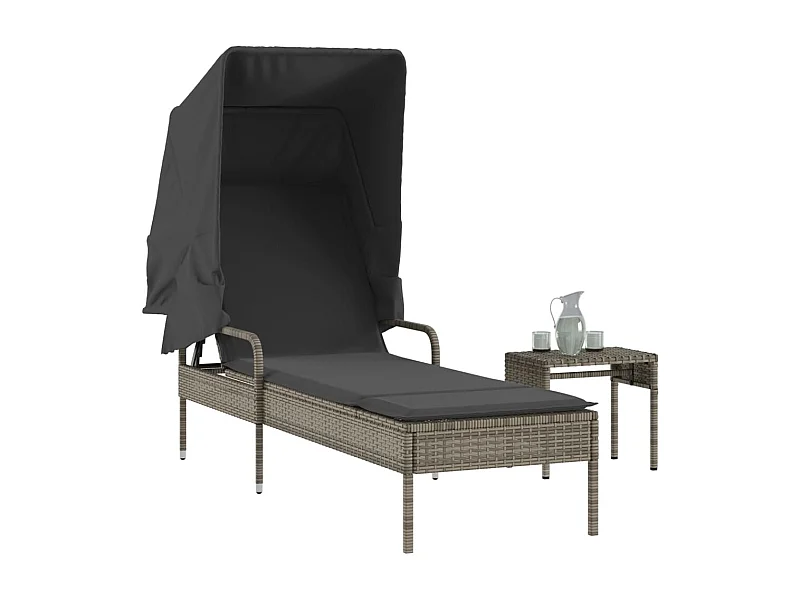 Chaise longue avec auvent et table gris résine tressée