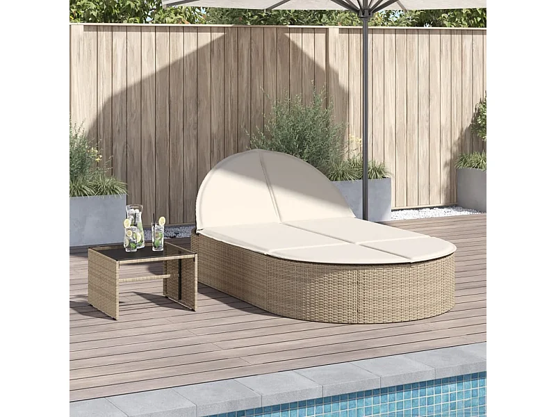 Chaise longue double avec coussins beige résine tressée