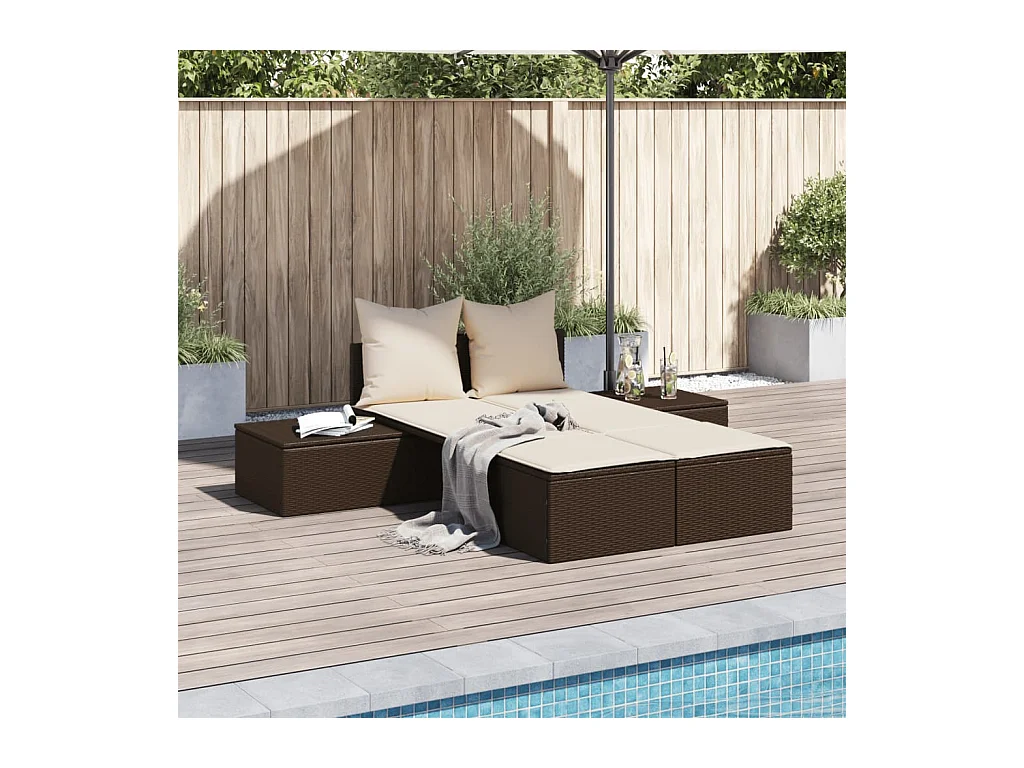 Chaise longue double avec coussins marron résine tressée