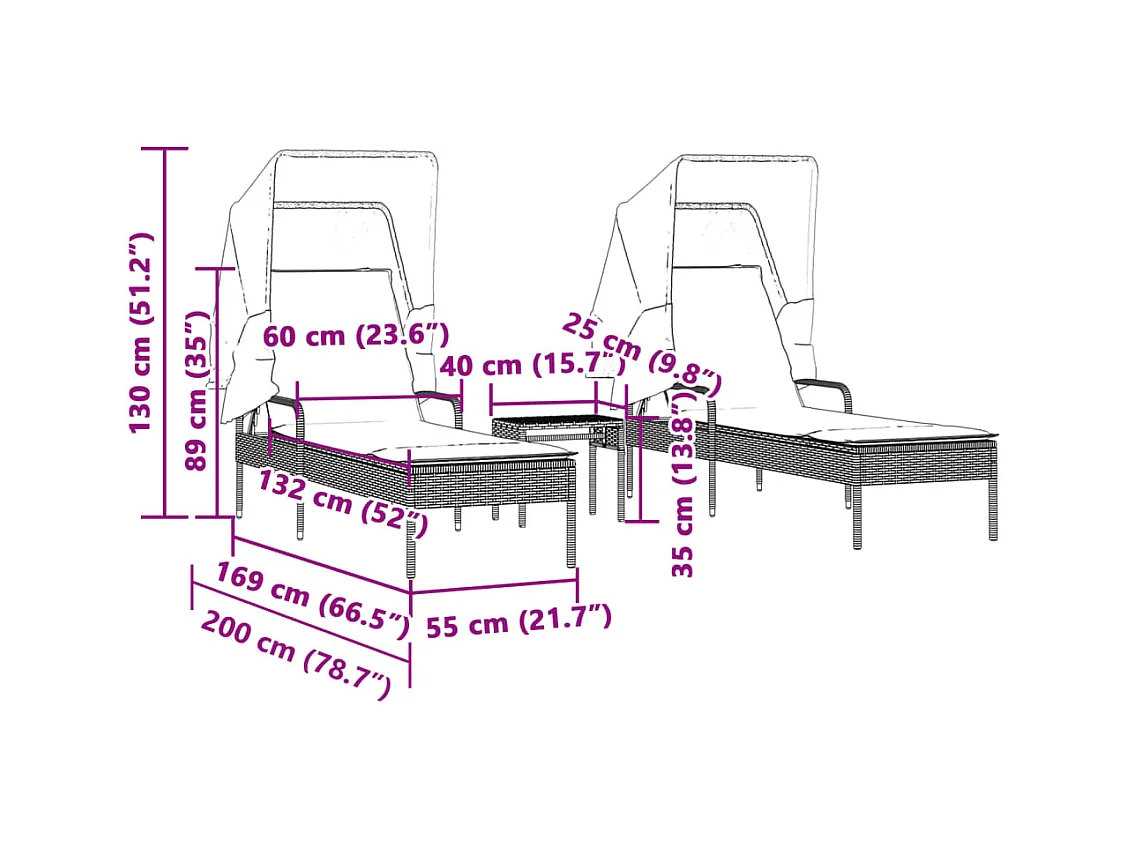 Chaises longues lot de 2 avec auvents et table gris clair rotin