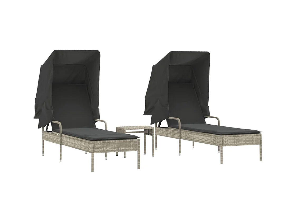 Chaises longues lot de 2 avec auvents et table gris clair rotin