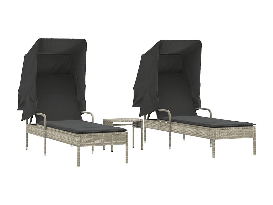Chaises longues lot de 2 avec auvents et table gris clair rotin