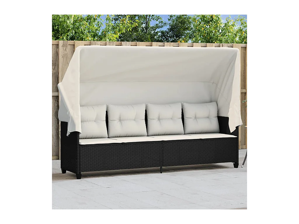 Chaise longue avec auvent et coussins noir résine tressée
