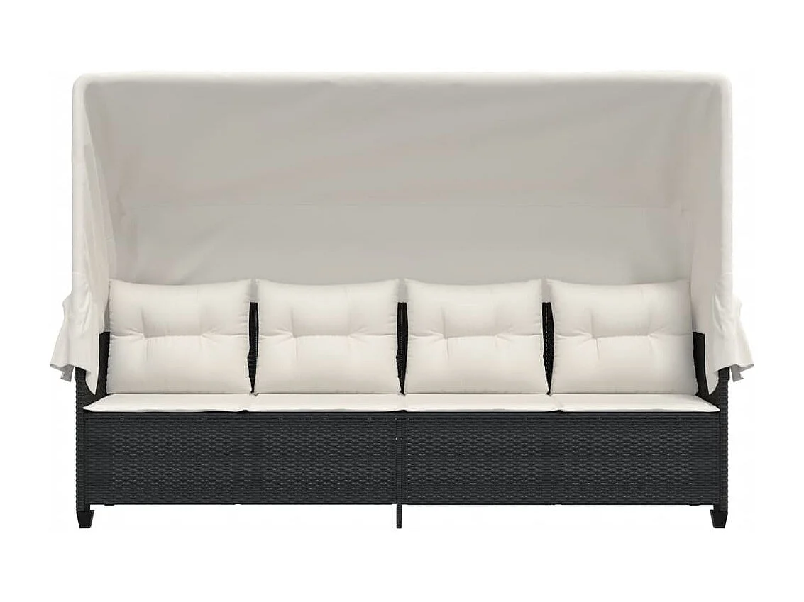 Chaise longue avec auvent et coussins noir résine tressée