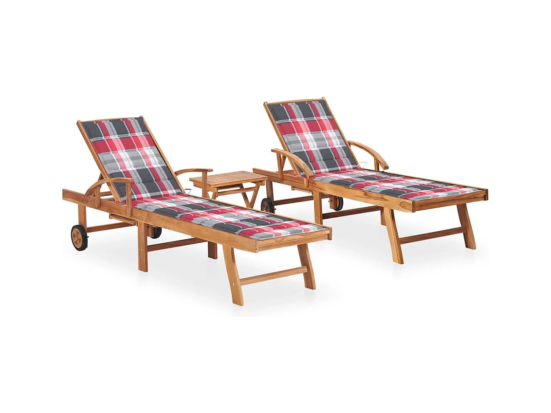 Chaises longues lot de 2 avec table et coussin Bois teck solide