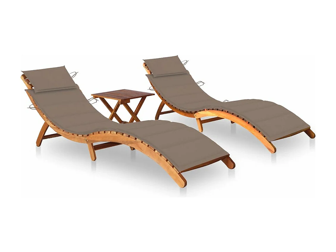 Conjunto de 2 cadeiras de praia com mesa e almofadas em Acácia Maciça