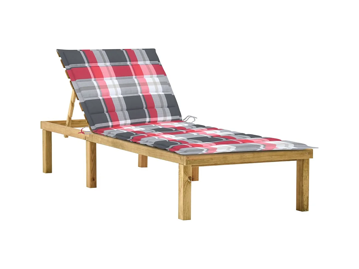 Chaise longue avec coussin carreaux rouge Bois de pin imprégné