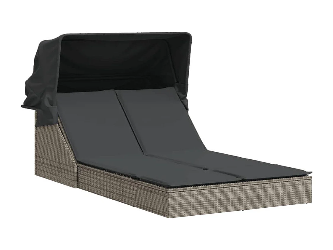 Chaise longue double et auvent et coussins gris résine tressée