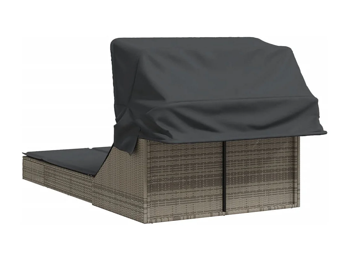 Chaise longue double et auvent et coussins gris résine tressée