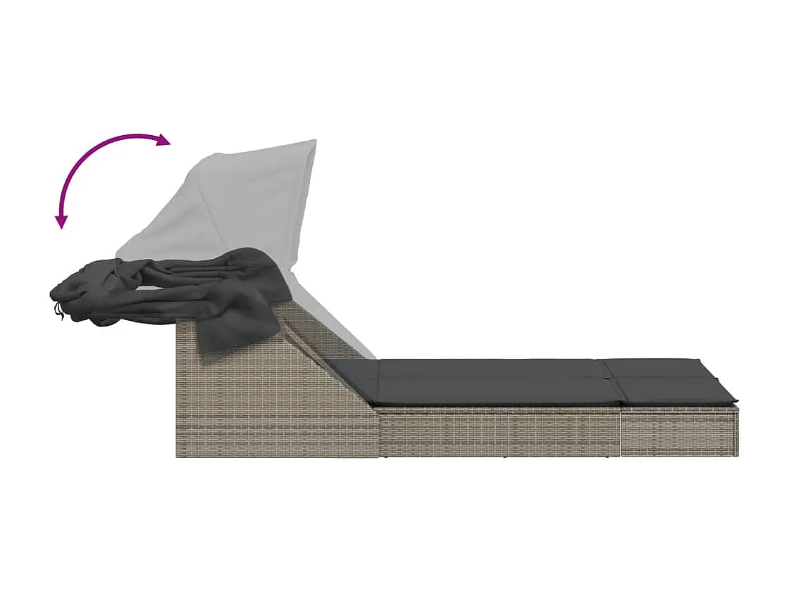 Chaise longue double et auvent et coussins gris résine tressée