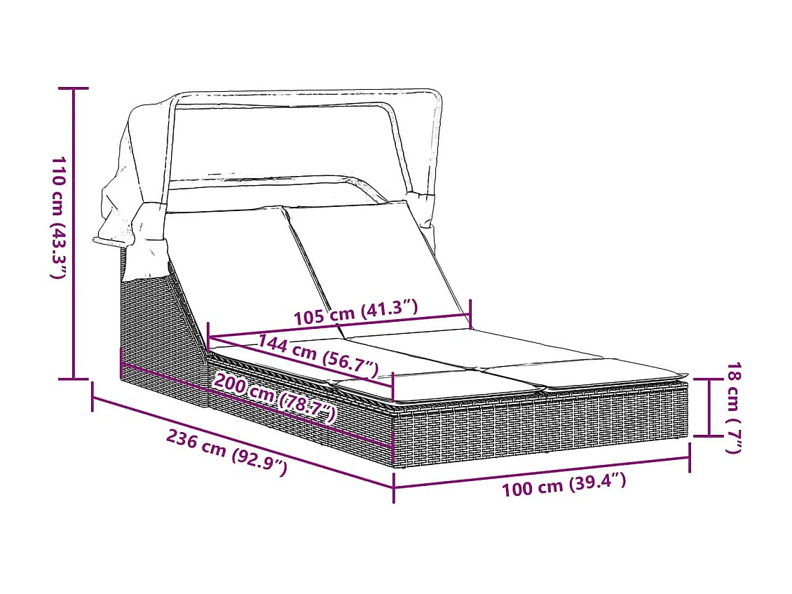 Chaise longue double et auvent et coussins gris résine tressée