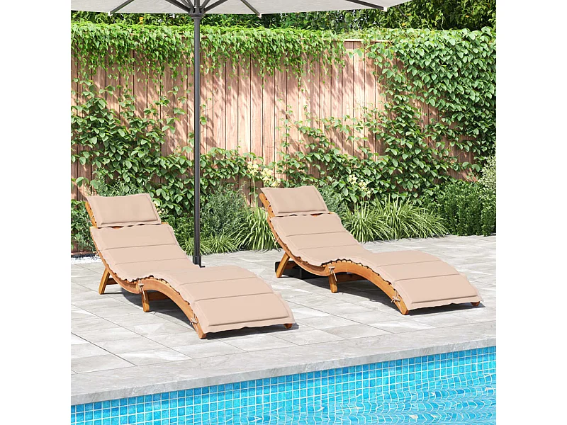 Liegestühle mit Kissen, 2er-Set, beige, massives Akazienholz