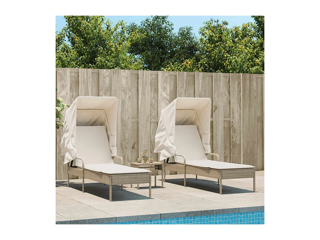 Chaises longues lot de 2 avec auvents et table beige poly rotin