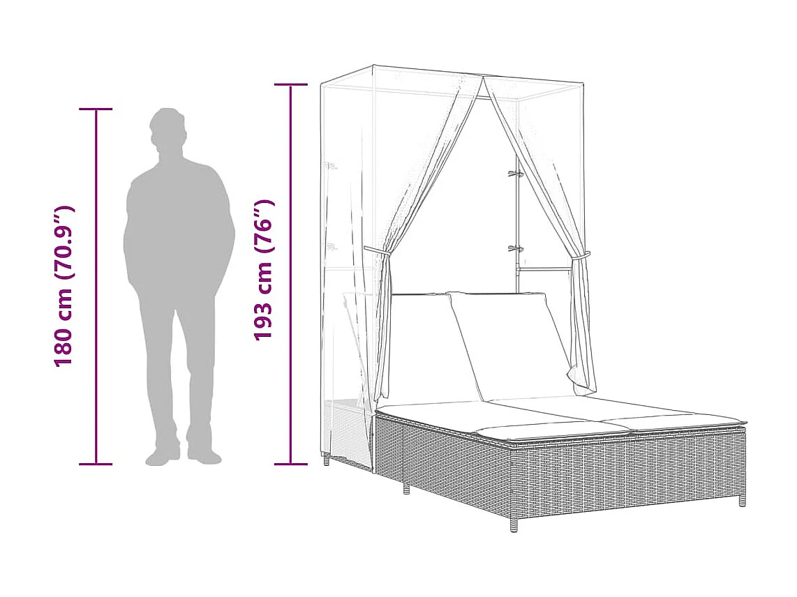 Poltrona dupla com teto e cortinas de vime de resina marrom