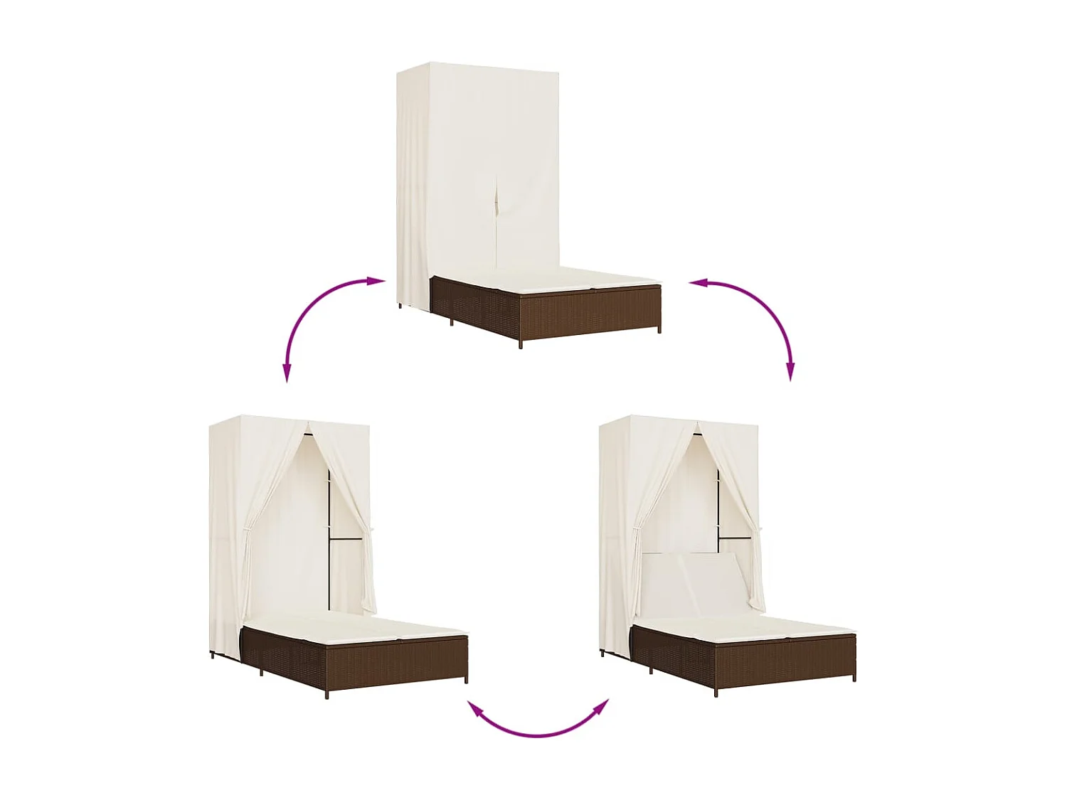 Chaise longue double avec toit et rideaux marron résine tressée