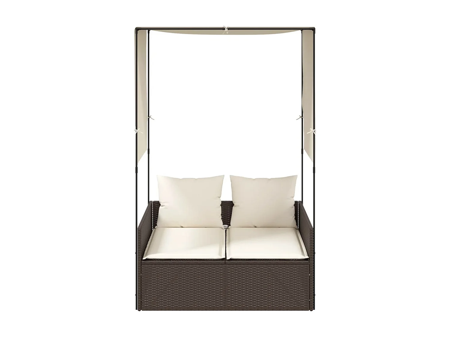 Sillón doble con techo y cortinas de mimbre de resina marrón.