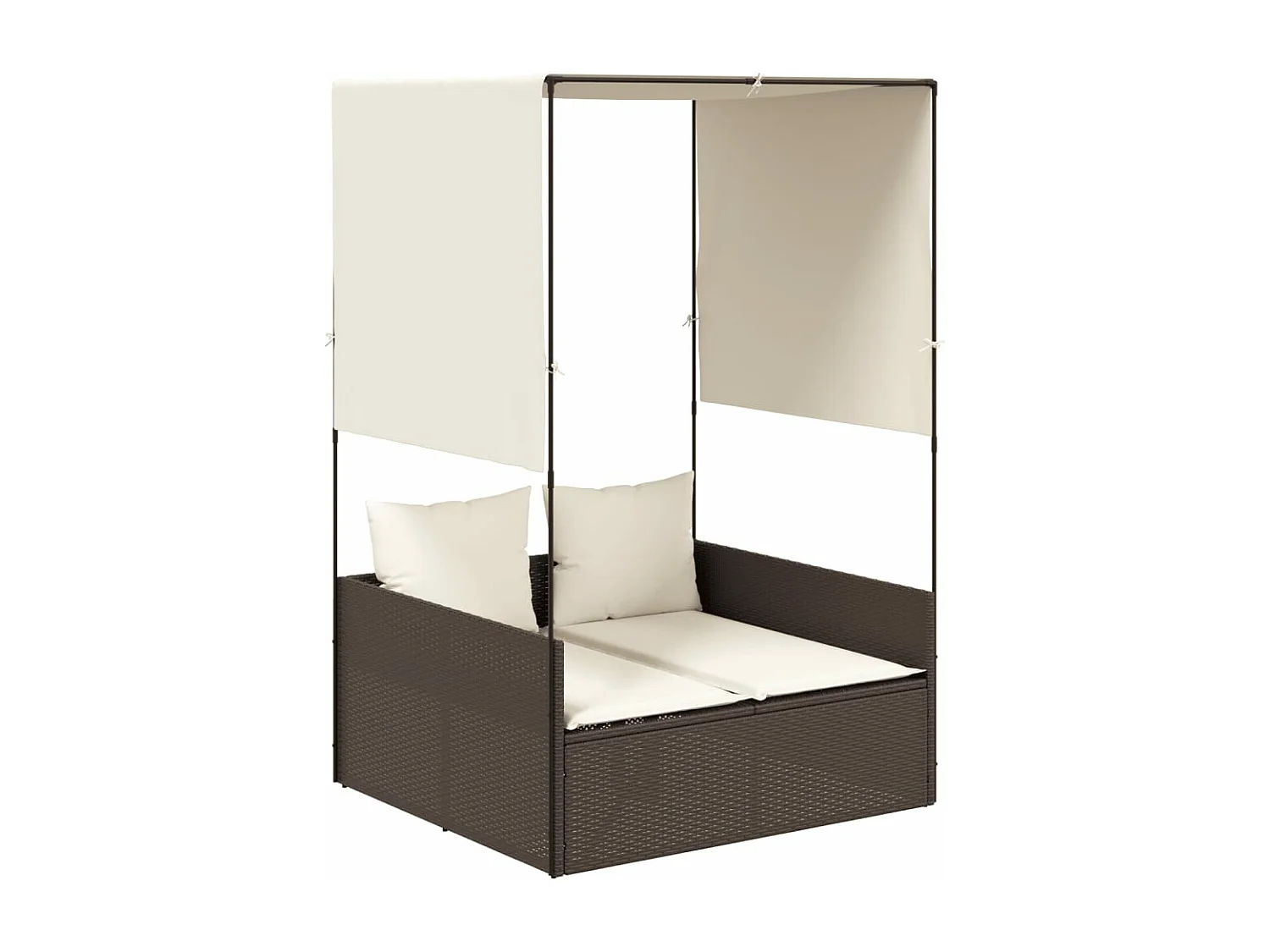 Chaise longue double avec toit et rideaux marron résine tressée