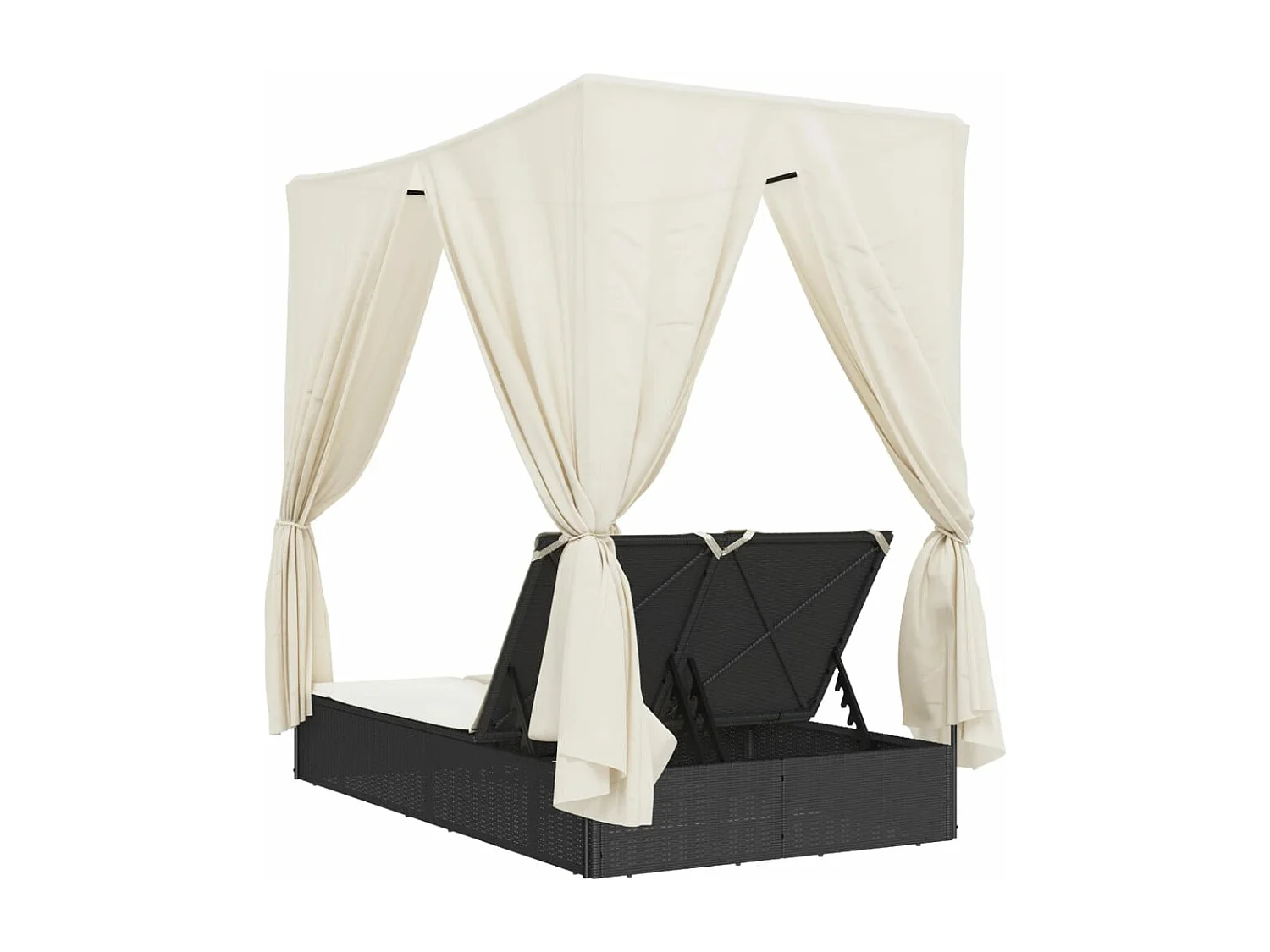 Chaise longue double avec toit et rideaux noir résine tressée